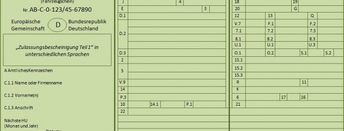 Zulassungsbescheinigung Teil 1 Fahrzeugschein Vorderseite