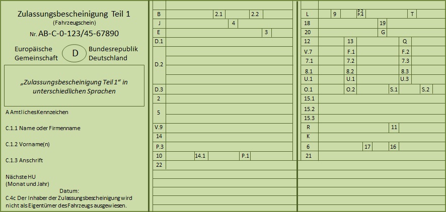 Zulassungsbescheinigung Teil 1 Fahrzeugschein Vorderseite